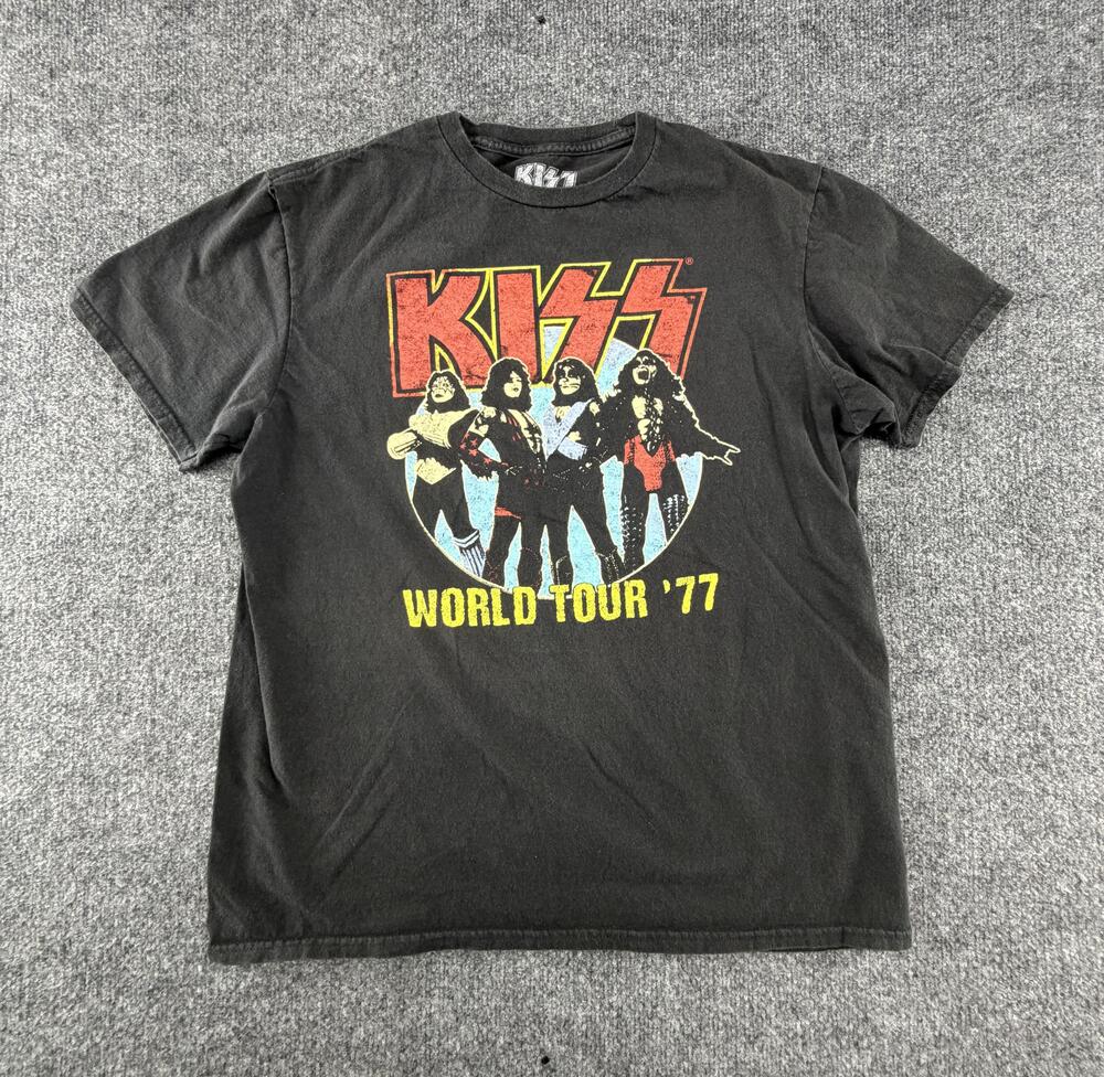 KISS World Tour '77 Shirt Mens Large Black Band Graphic Tee Rock Concert